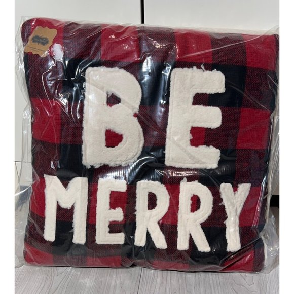 Mud Pie Be Merry fuzzy sherpa throw pillow black red check NWT 18x18 Christmas h - Picture 1 of 4